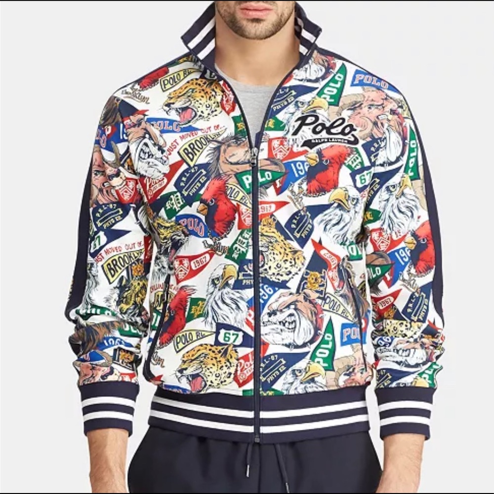 🚫SOLD🚫 POLO RALPH LAUREN MENS GRAPHIC MASCOT ALLOVER LOGO FULL-ZIP JACKET XXL